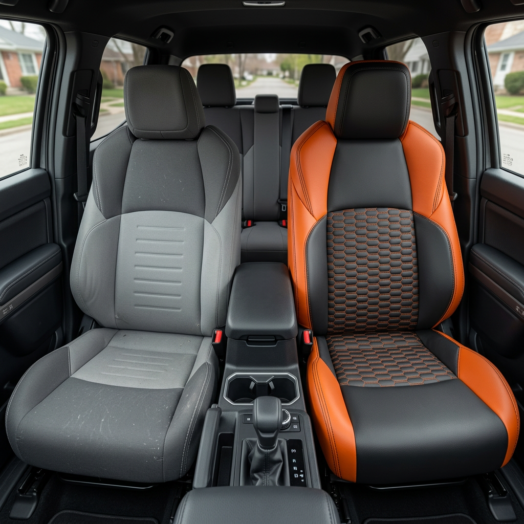 Before-and-after front in-cabin view of a 2024–2026 Toyota Tacoma SR5/TRD/Hybrid split down the middle: the left front seat shows the factory gray cloth upholstery, while the right front seat shows the upgraded Leatherteck leather seat upholstery kit in Tangerine orange with black inserts, black stitching, and Tangerine double hex pattern center inserts, with the center console, cupholders, gear shifter, rear bench seat, headrests, door panels, and black floor mats visible.

