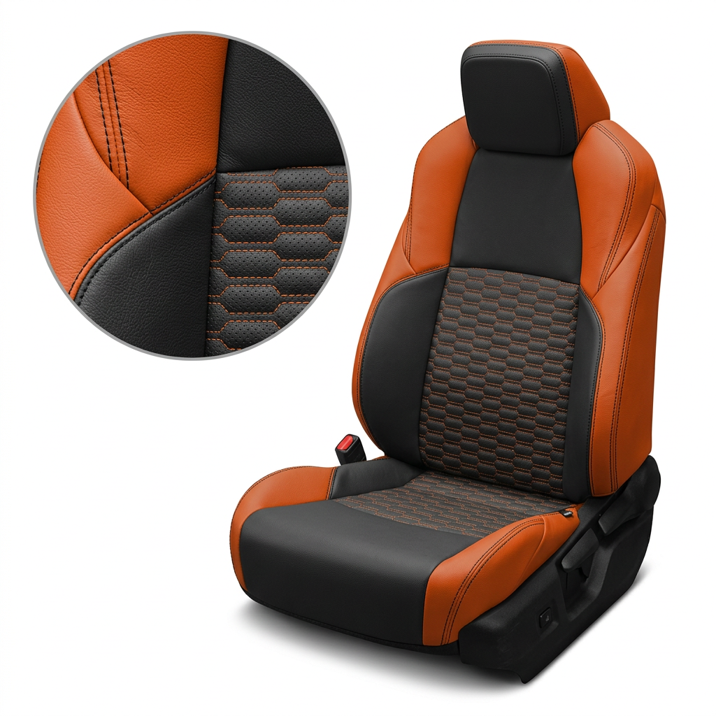 Close-up product image of a 2024–2026 Toyota Tacoma SR5/TRD/Hybrid Leatherteck leather seat upholstery kit in Tangerine orange with black inserts, black stitching, and Tangerine double hex pattern center inserts, shown on a white background with a circular zoom inset highlighting the orange leather grain, black leather texture, double hex stitching pattern, and black double-stitched seam detail.

