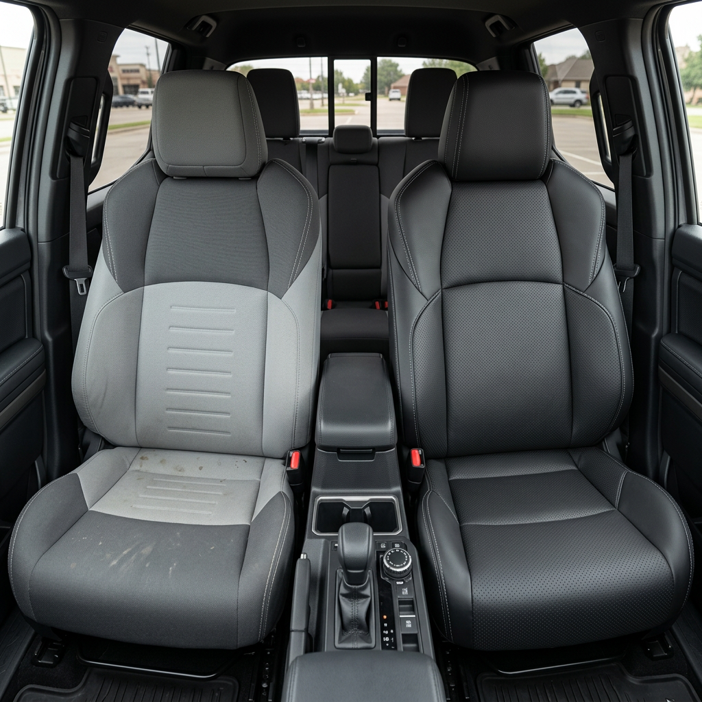  Before-and-after front in-cabin view of a 2024–2026 Toyota Tacoma SR5/TRD showing the factory gray cloth front seat on the left and the upgraded Leatherteck leather seat upholstery kit on the right in black with perforated black inserts, black accent panels, and Ice Grey stitching, with the center console, cupholders, gear shifter, rear bench seat, headrests, seatbelts, door panels, and floor mats visible.