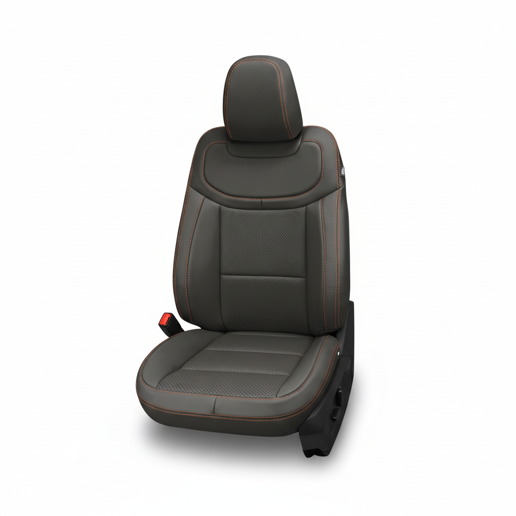 Charcoal leather car seat with perforated inserts and mahogany stitching on a white background.