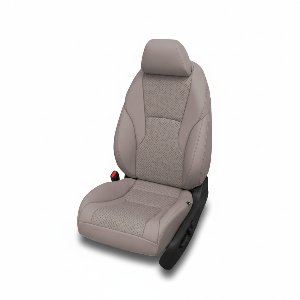 Dove gray leather car seat with perforated inserts on a white background.