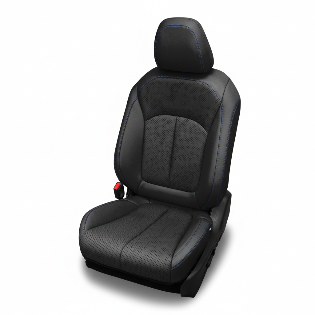Black leather car seat with perforated inserts and blue stitching on a white background.