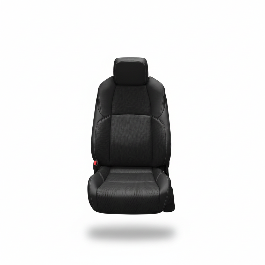 Black leather car seat with perforated inserts and ice gray stitching on a white background.