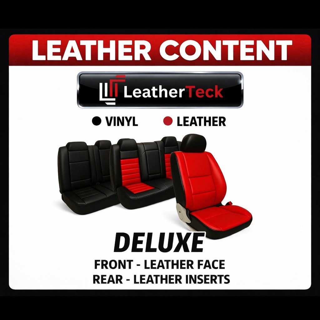 LeatherTeck Deluxe leather content graphic showing leather-and-vinyl seat materials, with leather front faces and vinyl inserts.