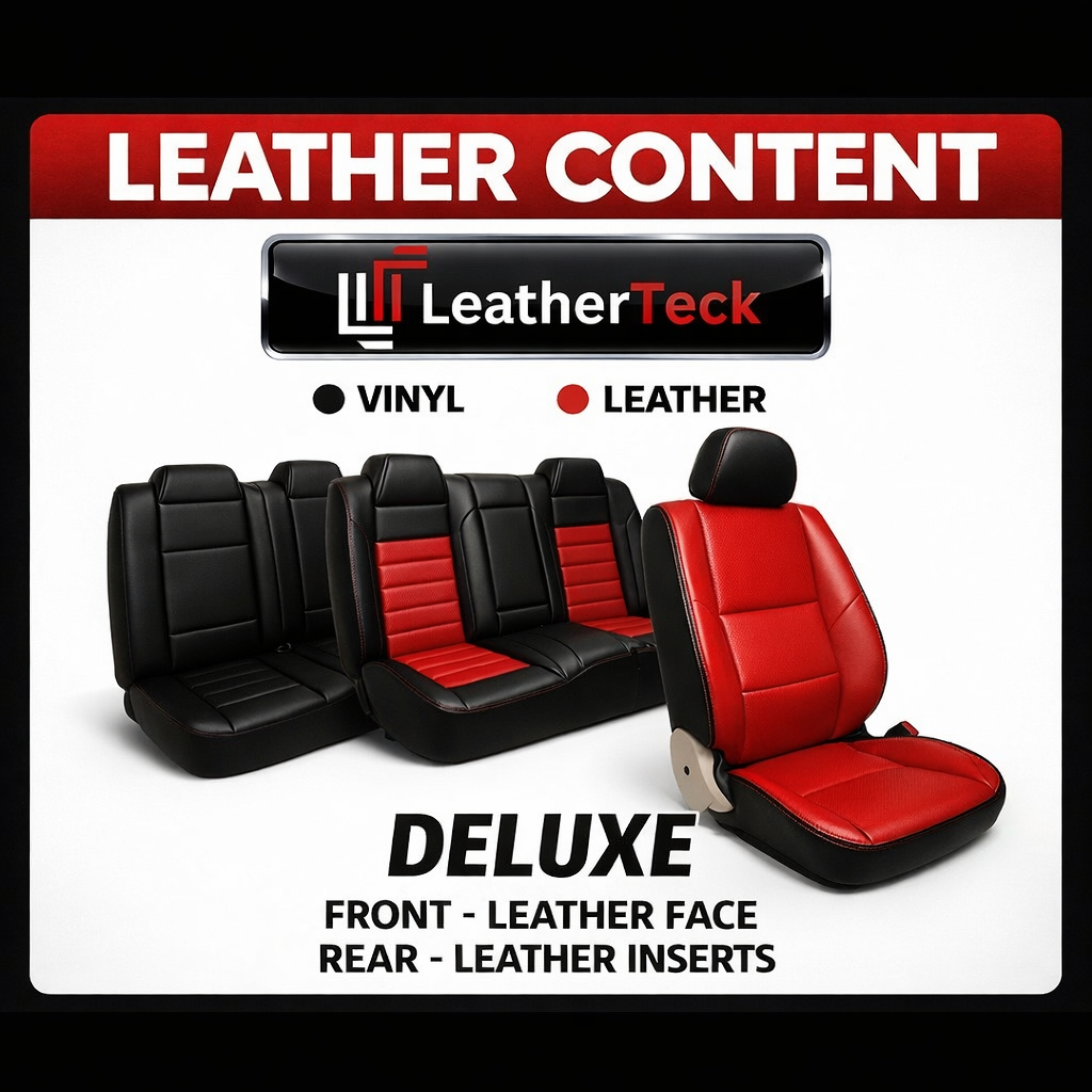 LeatherTeck Deluxe leather content graphic showing leather content and vinyl content materials, with leather front faces on the front row, leather inserts in the second row and vinyl sides and 3 row