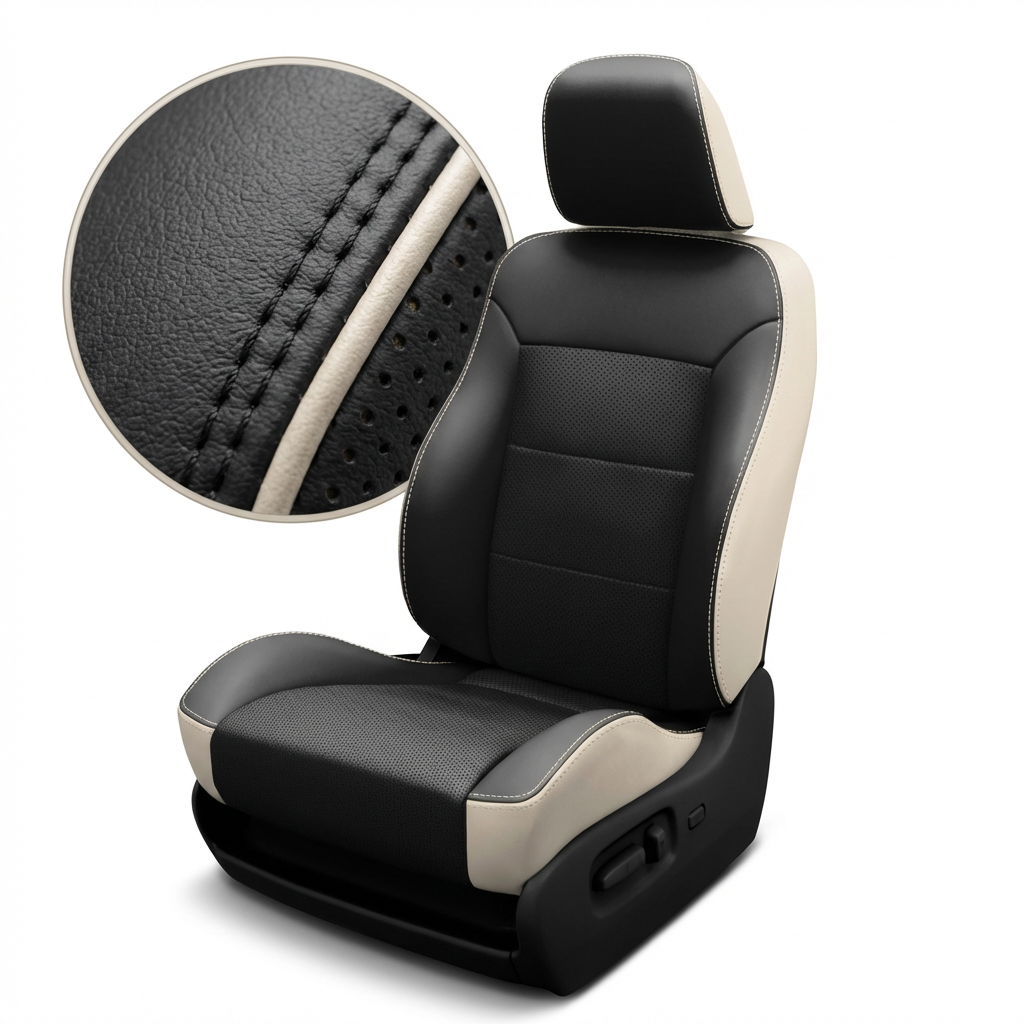 Black and beige car seat with close up detailed stitching a white background