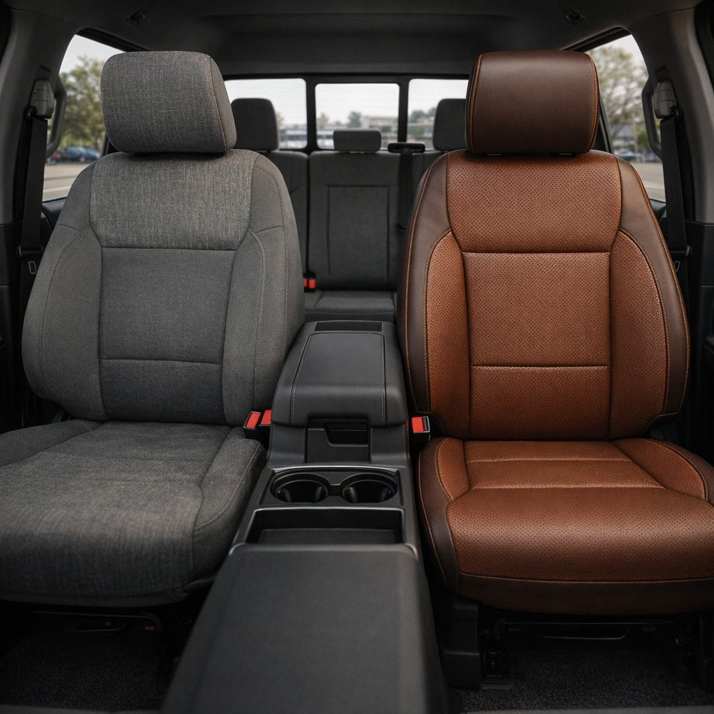 2021-2026 Ford F-250 XLT Katzkin Leather Seat Upholstery Kit – Coffee Brown with Mahogany Brown Perforated Seating Inserts, Mahogany Brown Perforated Accent Panels, Mahogany Brown Piping, and Mahogany Brown Contrast Stitching