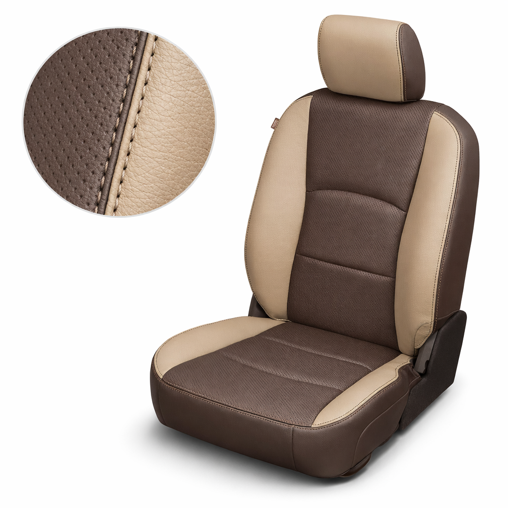 2012-2018 Ram 1500/2500/3500 Katzkin Leather Kit – Black & Ivory Accent Panels, Perforated Black Inserts & Coffee Brown Stitching