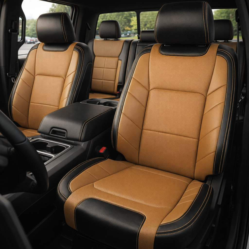 2015-2017 Ford F-150 XLT SuperCrew Katzkin Leather Upholstery Kit – Black & Tan Brown with Perforated Tan Brown Inserts & Stitching