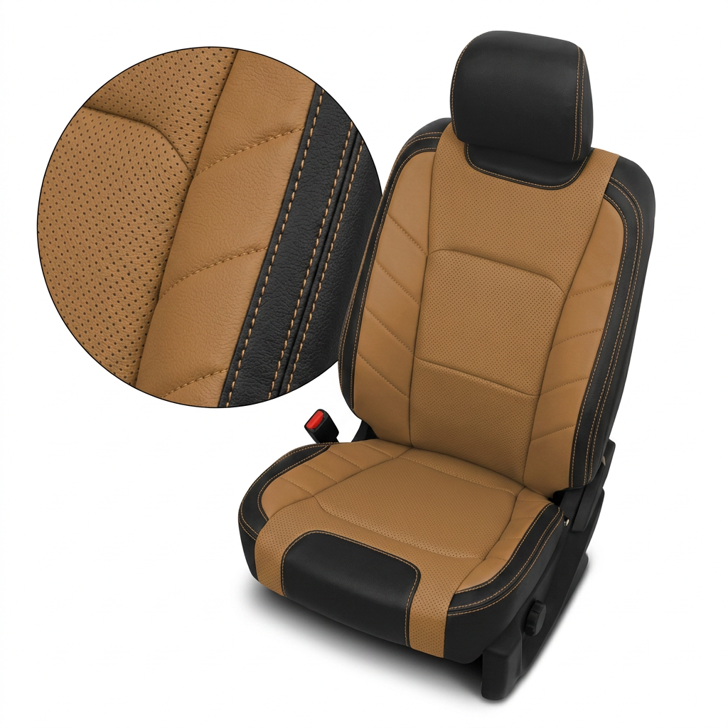2015-2017 Ford F-150 XLT SuperCrew Katzkin Leather Upholstery Kit – Black & Tan Brown with Perforated Tan Brown Inserts & Stitching