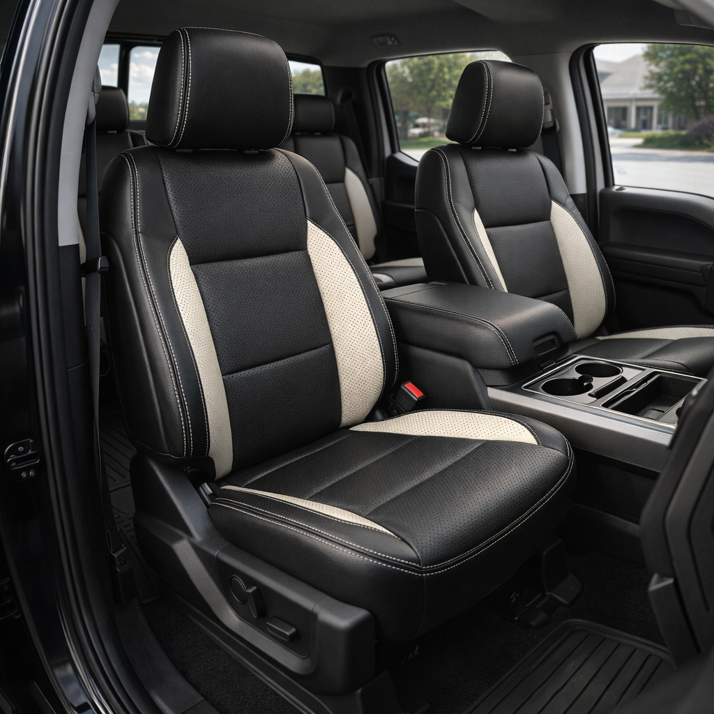 2021-2026 Ford F-250 XLT Katzkin Leather Seat Upholstery Kit – Black with Perforated Seating Inserts, Pearl White Perforated Accent Panels, and Pearl White Contrast Stitching