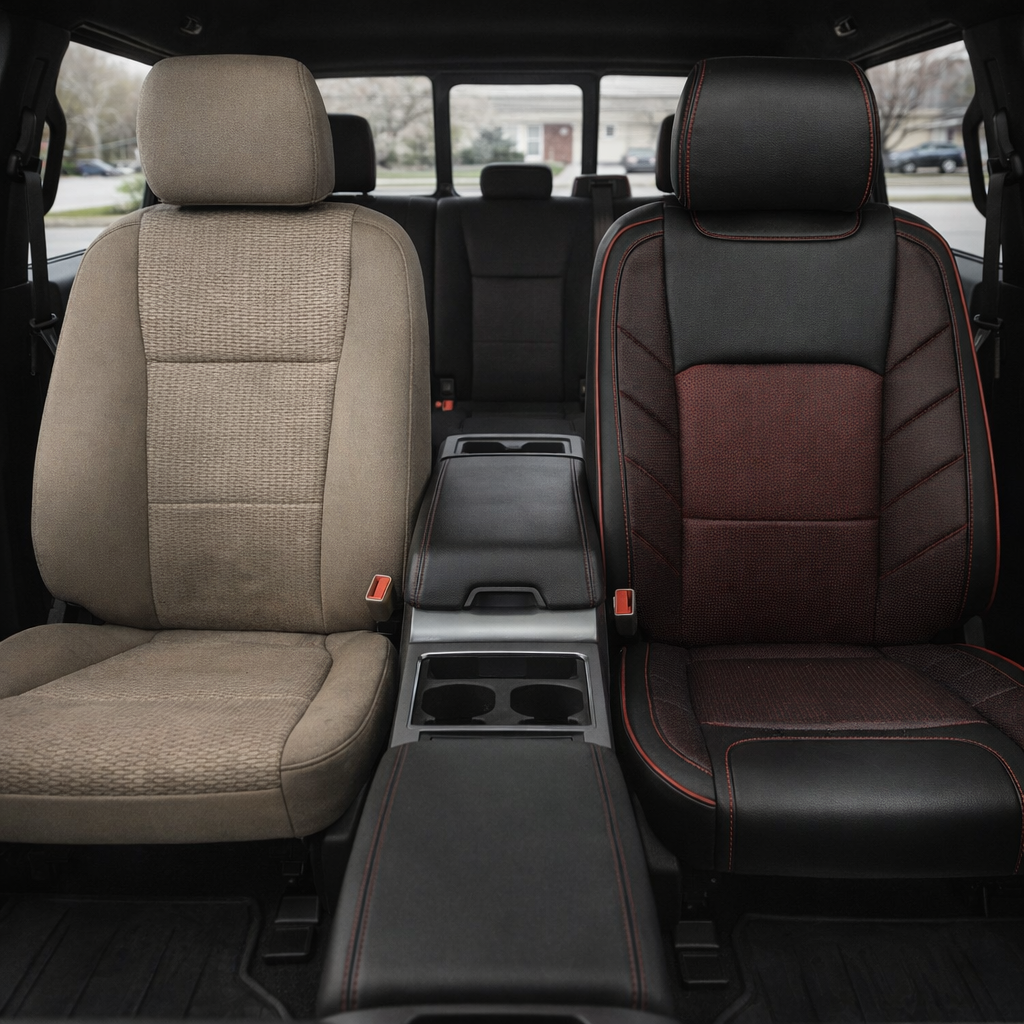 2015-2017 Ford F-150 XLT SuperCrew Katzkin Leather Upholstery Kit – Black & Red Square Perforated Inserts & Medium Red Stitching & Piping