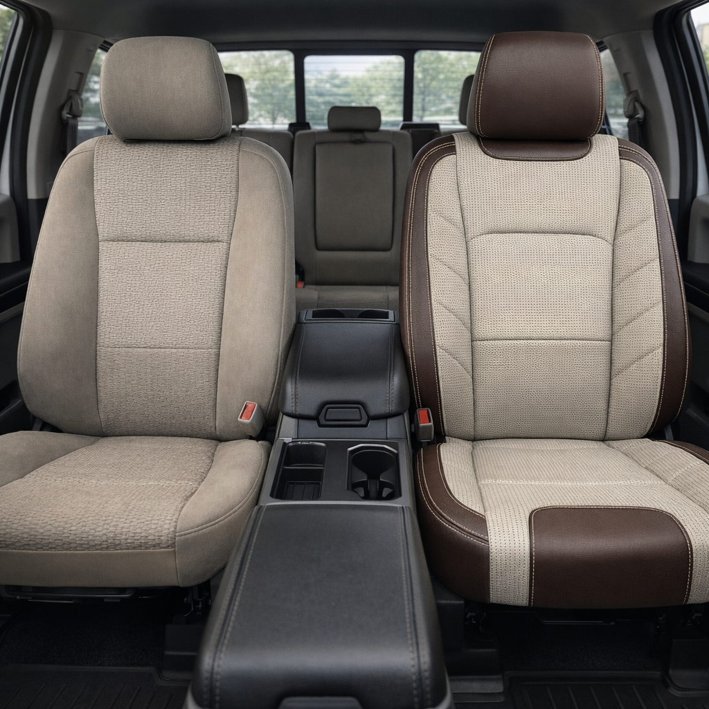 2015-2017 Ford F-150 XLT SuperCrew Katzkin Leather Upholstery Kit – Coffee Brown & Square Perforated Alabaster/Java Brown Inserts, Alabaster Stitching