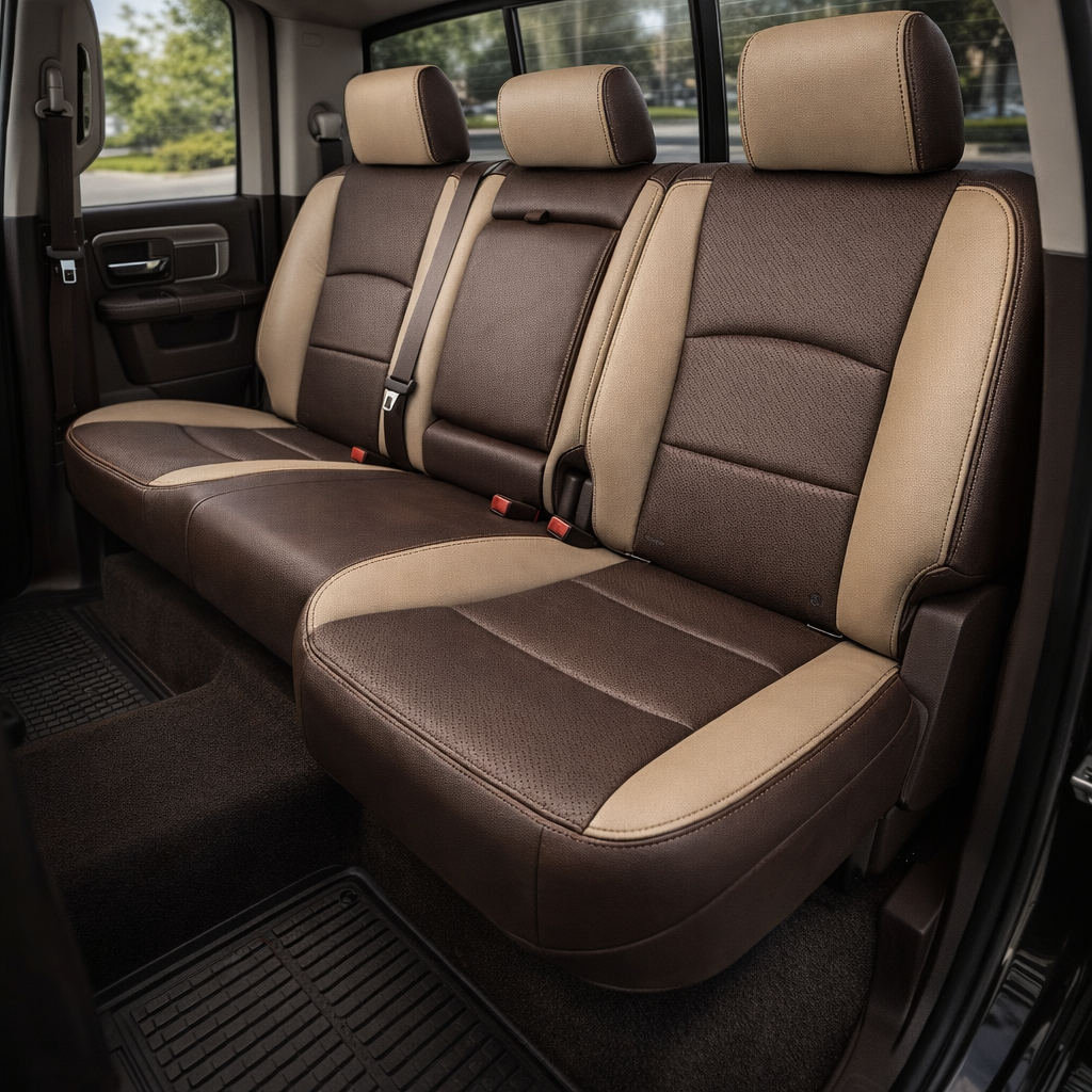 2012-2018 Ram 1500/2500/3500 Katzkin Leather Kit – Black & Ivory Accent Panels, Perforated Black Inserts & Coffee Brown Stitching
