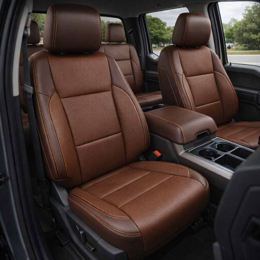 2021-2026 Ford F-250 XLT Katzkin Leather Seat Upholstery Kit – Coffee Brown with Mahogany Brown Perforated Seating Inserts, Mahogany Brown Perforated Accent Panels, Mahogany Brown Piping, and Mahogany Brown Contrast Stitching