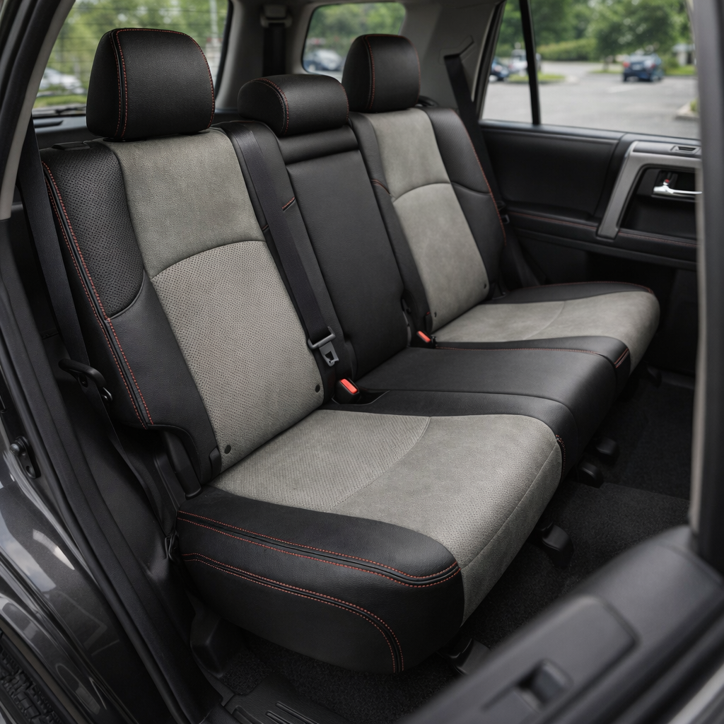 2010-2024 Toyota 4Runner SR5 Katzkin Leather – Black & Heather Grey Suede, Carbon Fiber-Style Panels & Red Stitching