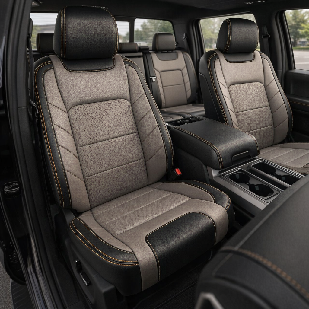2015-2017 Ford F-150 XLT SuperCrew Katzkin Leather Upholstery Kit – Black & Stone with Perforated Stone Inserts & Stone Stitching