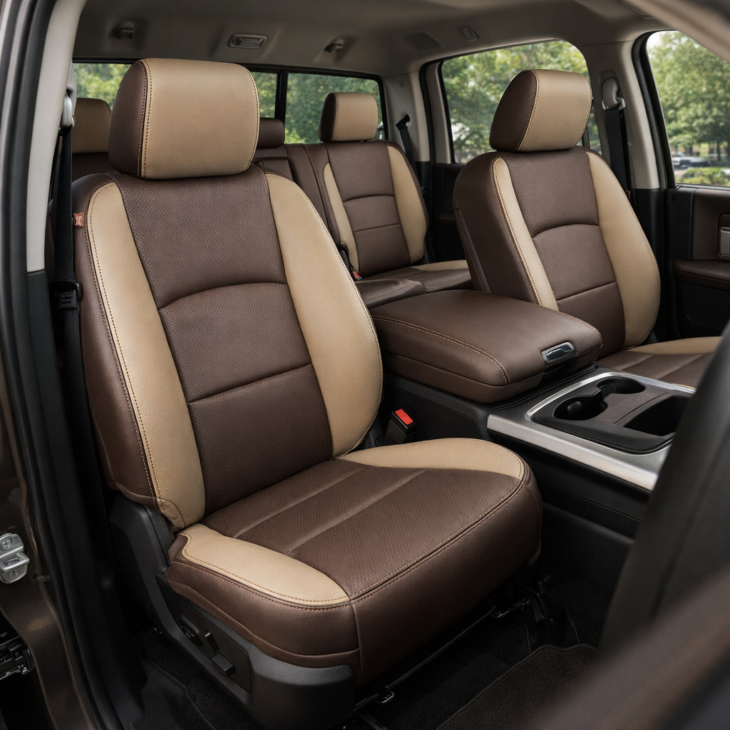 2012-2018 Ram 1500/2500/3500 Katzkin Leather Kit – Black & Ivory Accent Panels, Perforated Black Inserts & Coffee Brown Stitching