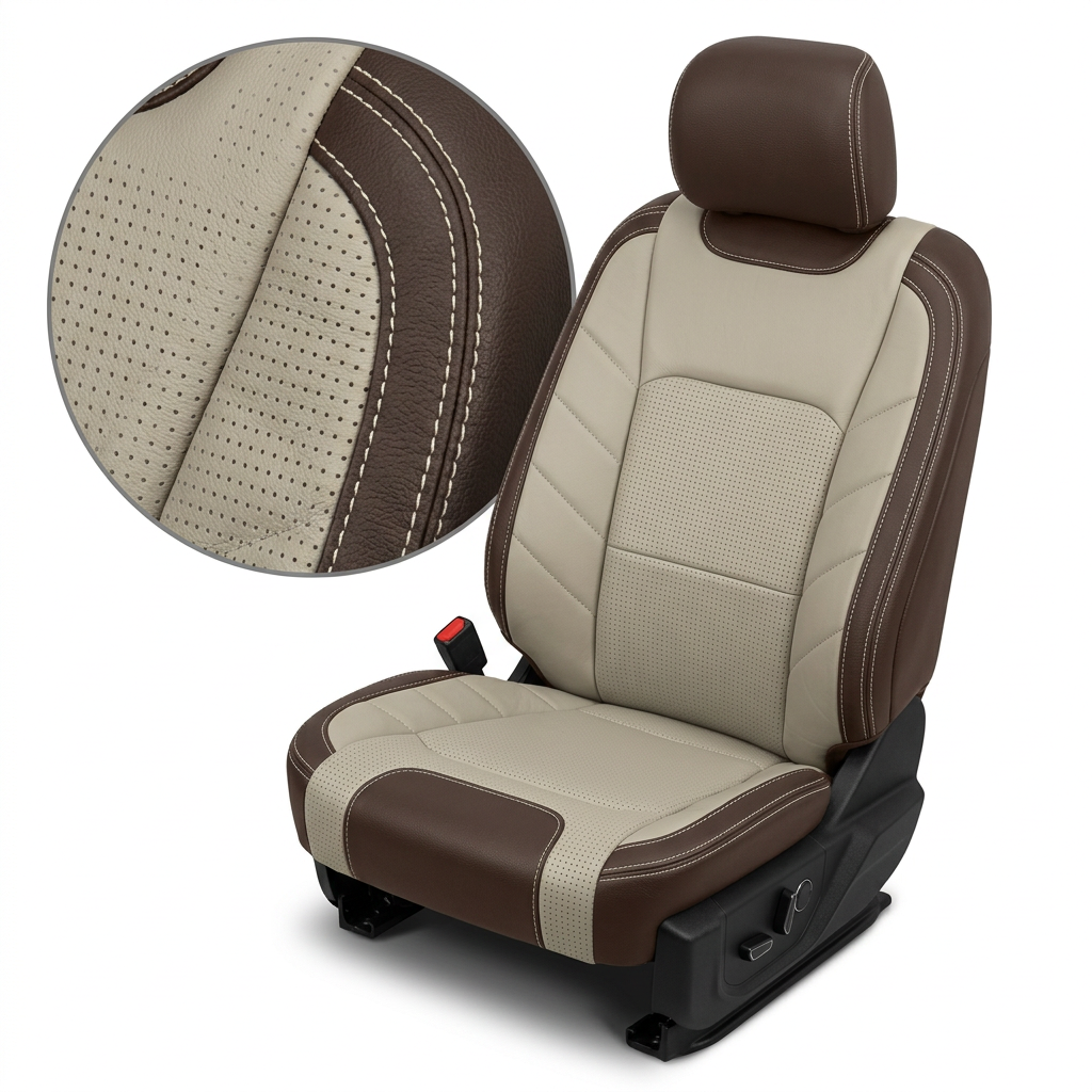 2015-2017 Ford F-150 XLT SuperCrew Katzkin Leather Upholstery Kit – Coffee Brown & Square Perforated Alabaster/Java Brown Inserts, Alabaster Stitching