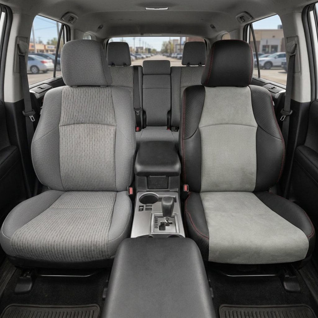 2010-2024 Toyota 4Runner SR5 Katzkin Leather – Black & Heather Grey Suede, Carbon Fiber-Style Panels & Red Stitching