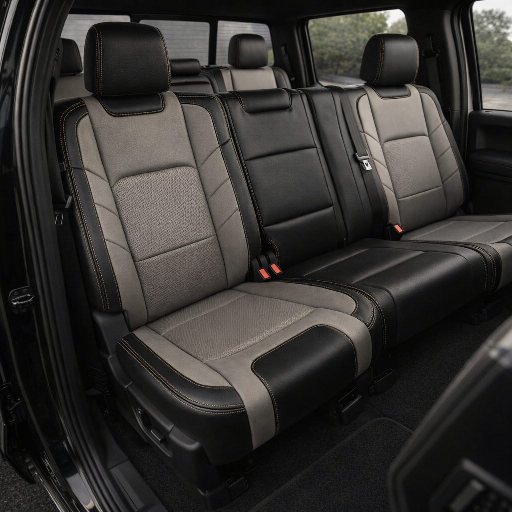 2015-2017 Ford F-150 XLT SuperCrew Katzkin Leather Upholstery Kit – Black & Stone with Perforated Stone Inserts & Stone Stitching