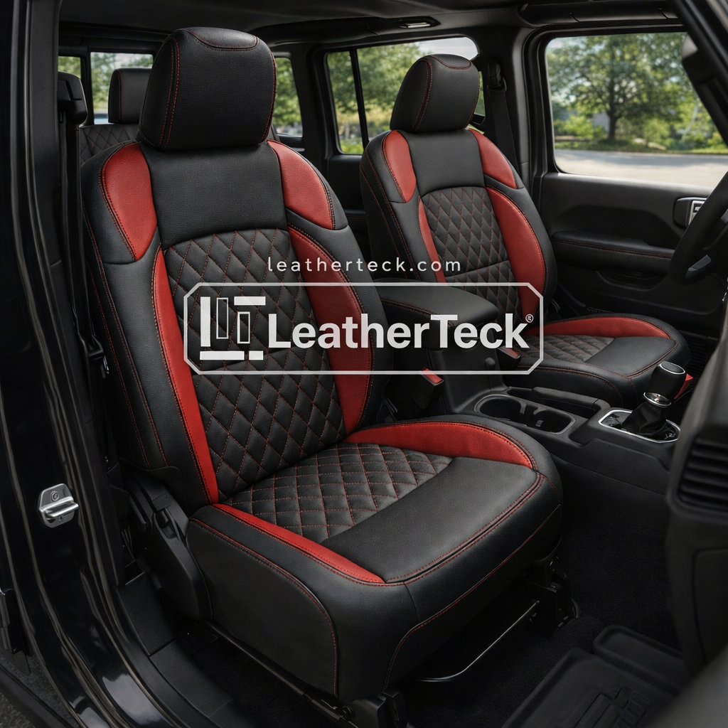 2018-2023 Jeep Wrangler JL Sport/Sahara/Rubicon Katzkin Leather Seat Upholstery Kit – Black with Red Accent Panels, Diamond Pattern Inserts in Red, and Red Contrast Stitching