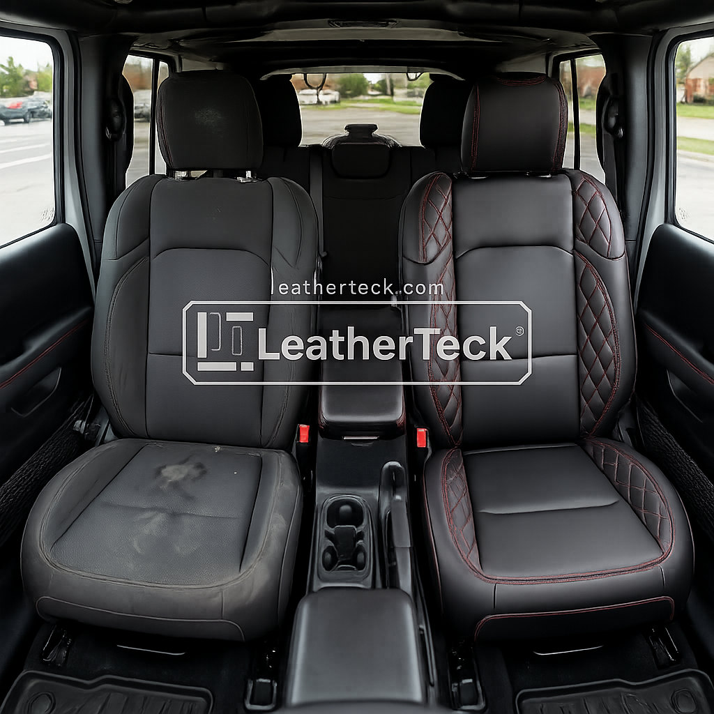 2018-2023 Jeep Wrangler JL Sport/Sahara/Rubicon Katzkin Leather Seat Upholstery Kit – Black with Raspberry Diamond Accent Panels and Raspberry Contrast Stitching