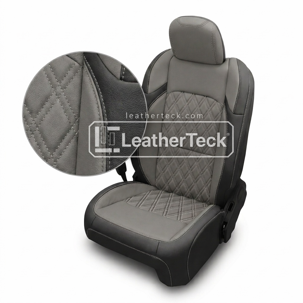 2018-2023 Jeep Wrangler JL Sport/Sahara/Rubicon Katzkin Leather Seat Upholstery Kit – Black with Ash Gray Center Inserts, Ash Gray Accent Panels, Silver Double Diamond Insert Pattern, and Silver Contrast Stitching
