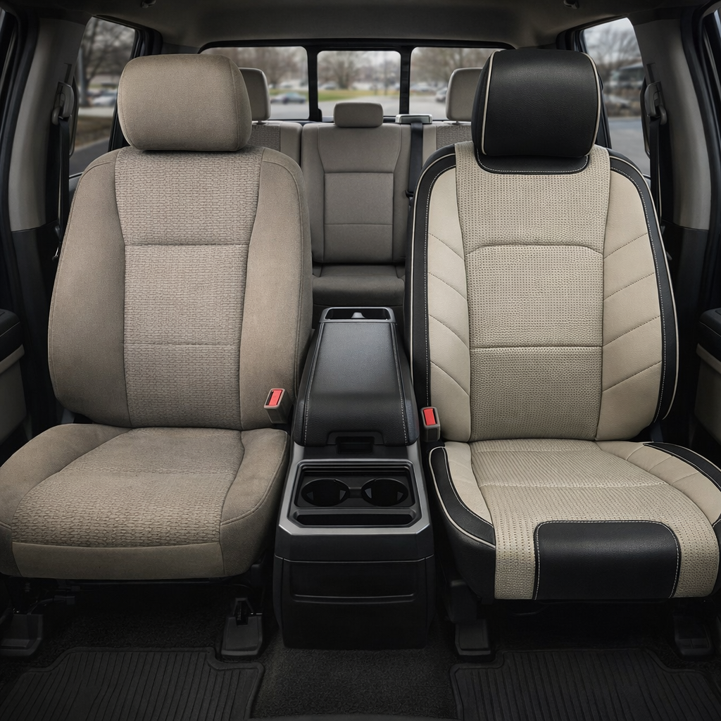 2015-2017 Ford F-150 XLT SuperCrew Katzkin Leather Upholstery Kit – Black & Square Perforated Alabaster/Java Brown Inserts, Alabaster Panels & Piping