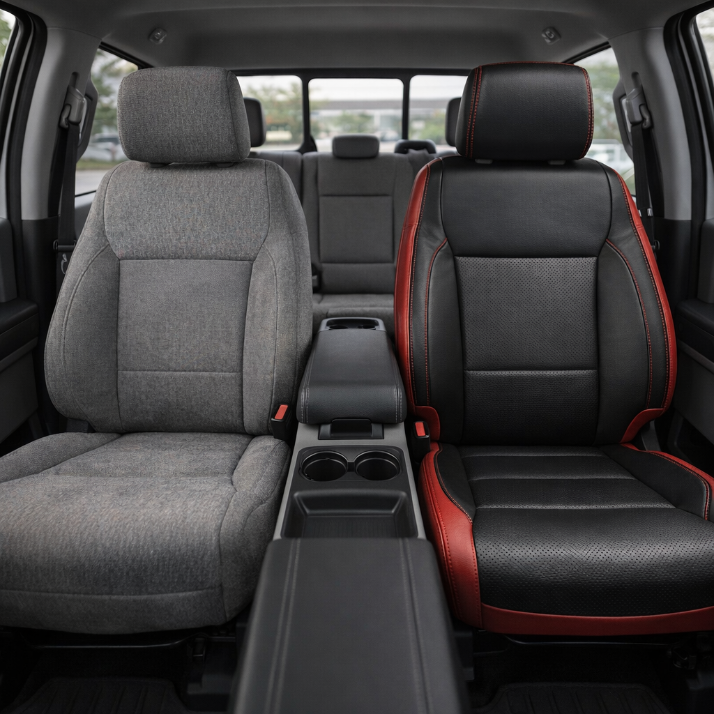2021-2026 Ford F-250 XLT Katzkin Leather Seat Upholstery Kit – Red with Black Perforated Combo Facing Panels and Red Contrast Stitching