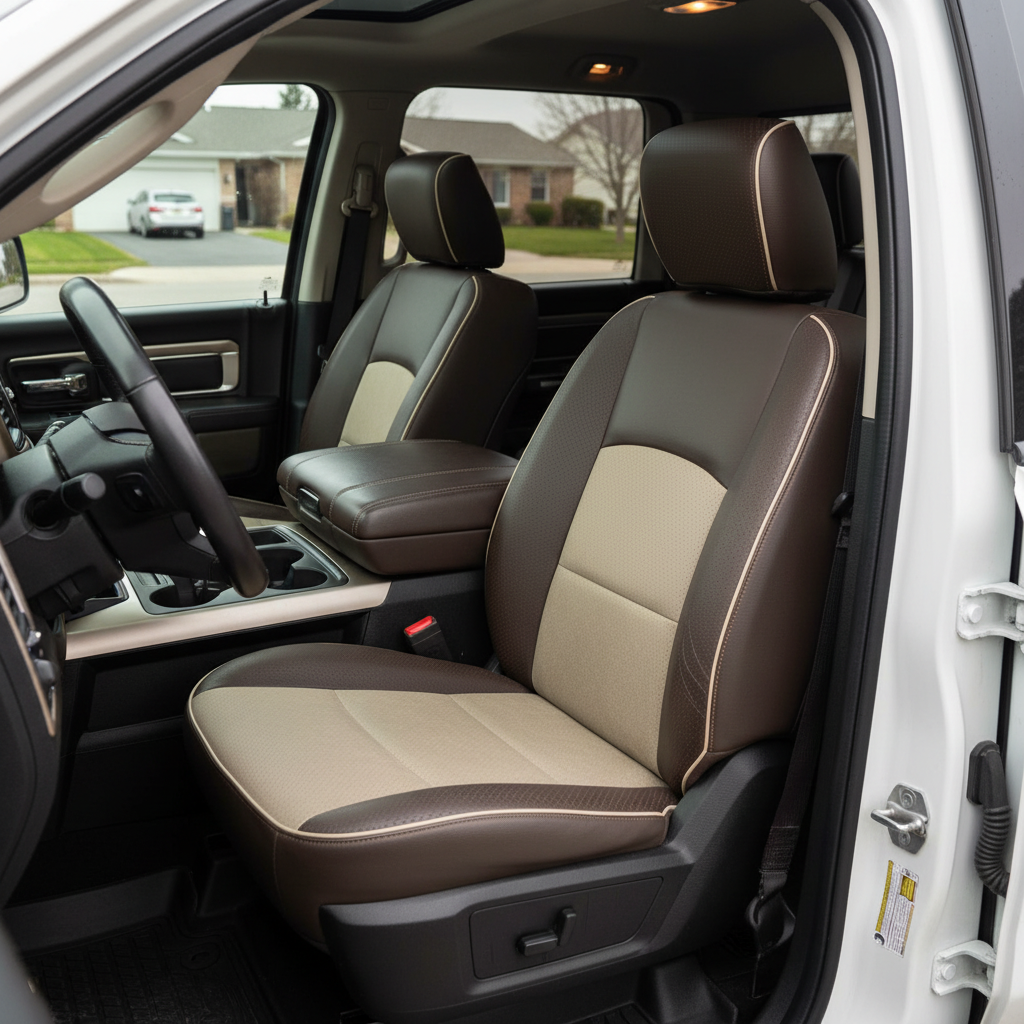 2012-2018 Ram 1500/2500/3500 Katzkin Leather Kit – Coffee Brown & Sandalwood Suede Perforated Combo Inserts, Bone Piping