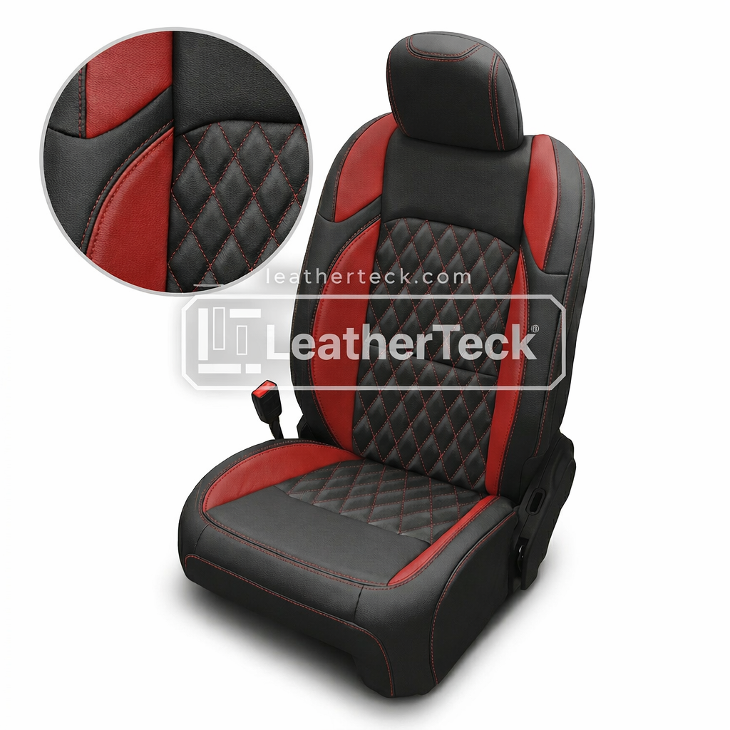 2018-2023 Jeep Wrangler JL Sport/Sahara/Rubicon Katzkin Leather Seat Upholstery Kit – Black with Red Accent Panels, Diamond Pattern Inserts in Red, and Red Contrast Stitching