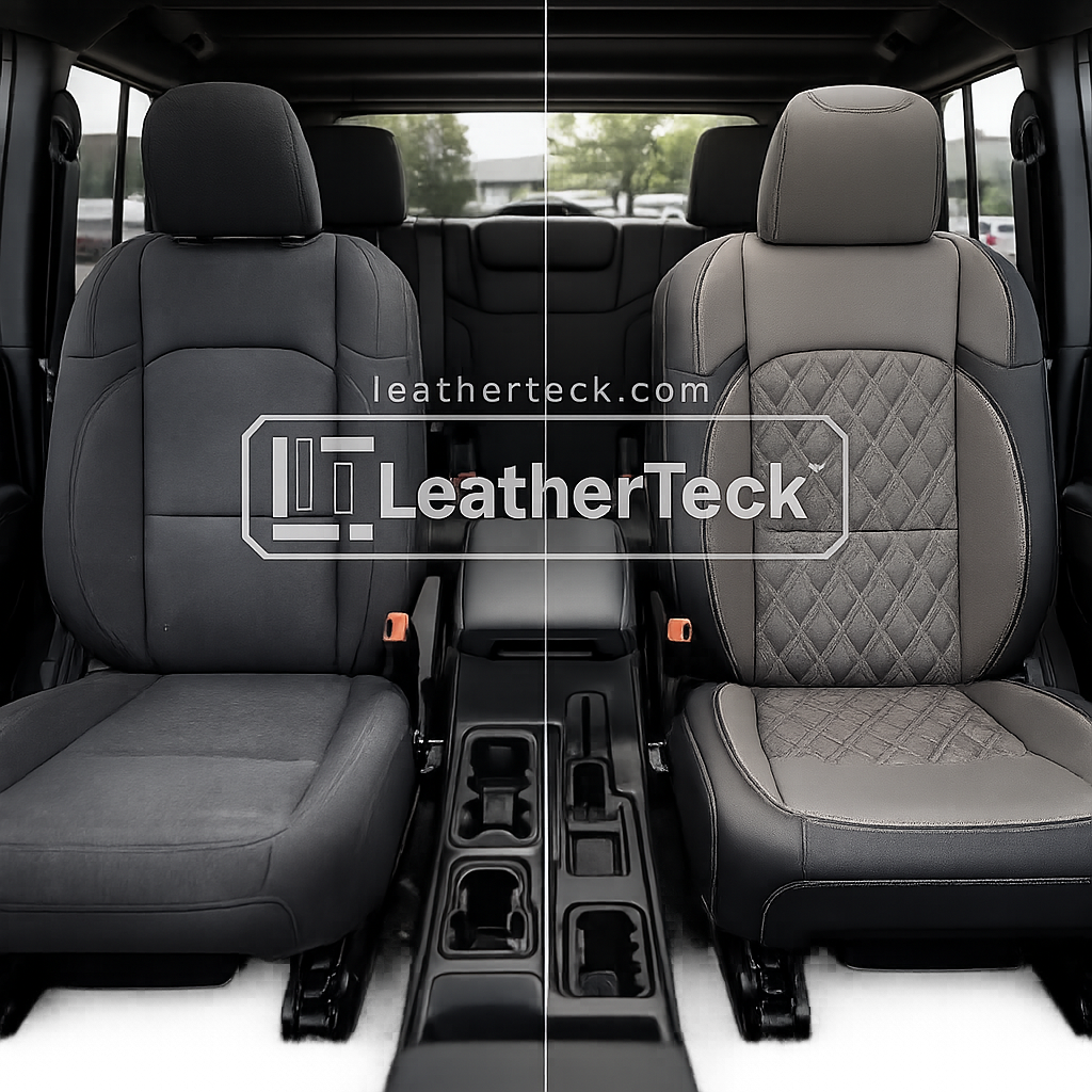 2018-2023 Jeep Wrangler JL Sport/Sahara/Rubicon Katzkin Leather Seat Upholstery Kit – Black with Ash Gray Center Inserts, Ash Gray Accent Panels, Silver Double Diamond Insert Pattern, and Silver Contrast Stitching