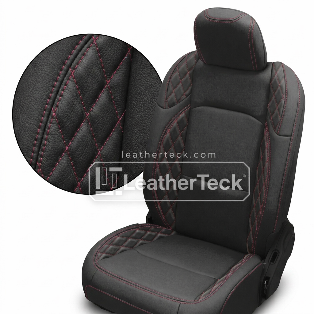 2018-2023 Jeep Wrangler JL Sport/Sahara/Rubicon Katzkin Leather Seat Upholstery Kit – Black with Raspberry Diamond Accent Panels and Raspberry Contrast Stitching