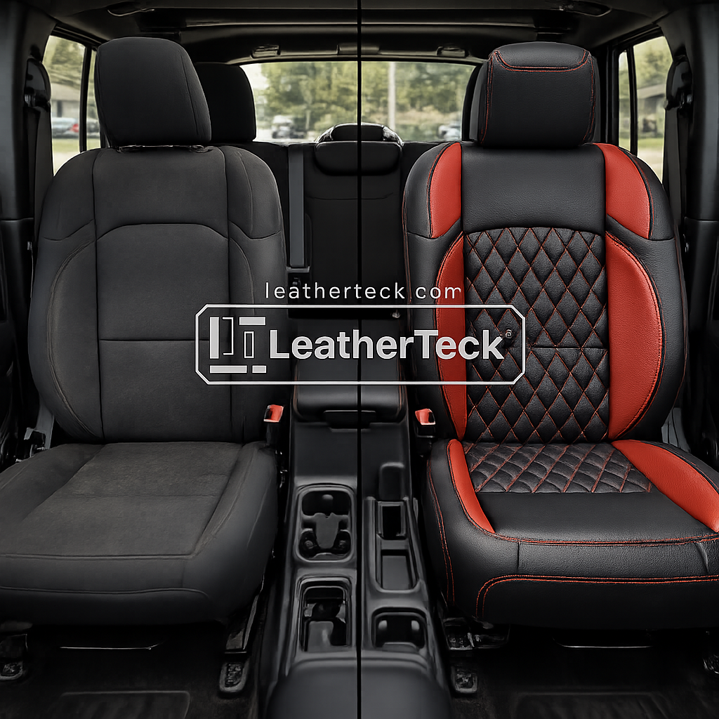 2018-2023 Jeep Wrangler JL Sport/Sahara/Rubicon Katzkin Leather Seat Upholstery Kit – Black with Red Accent Panels, Diamond Pattern Inserts in Red, and Red Contrast Stitching