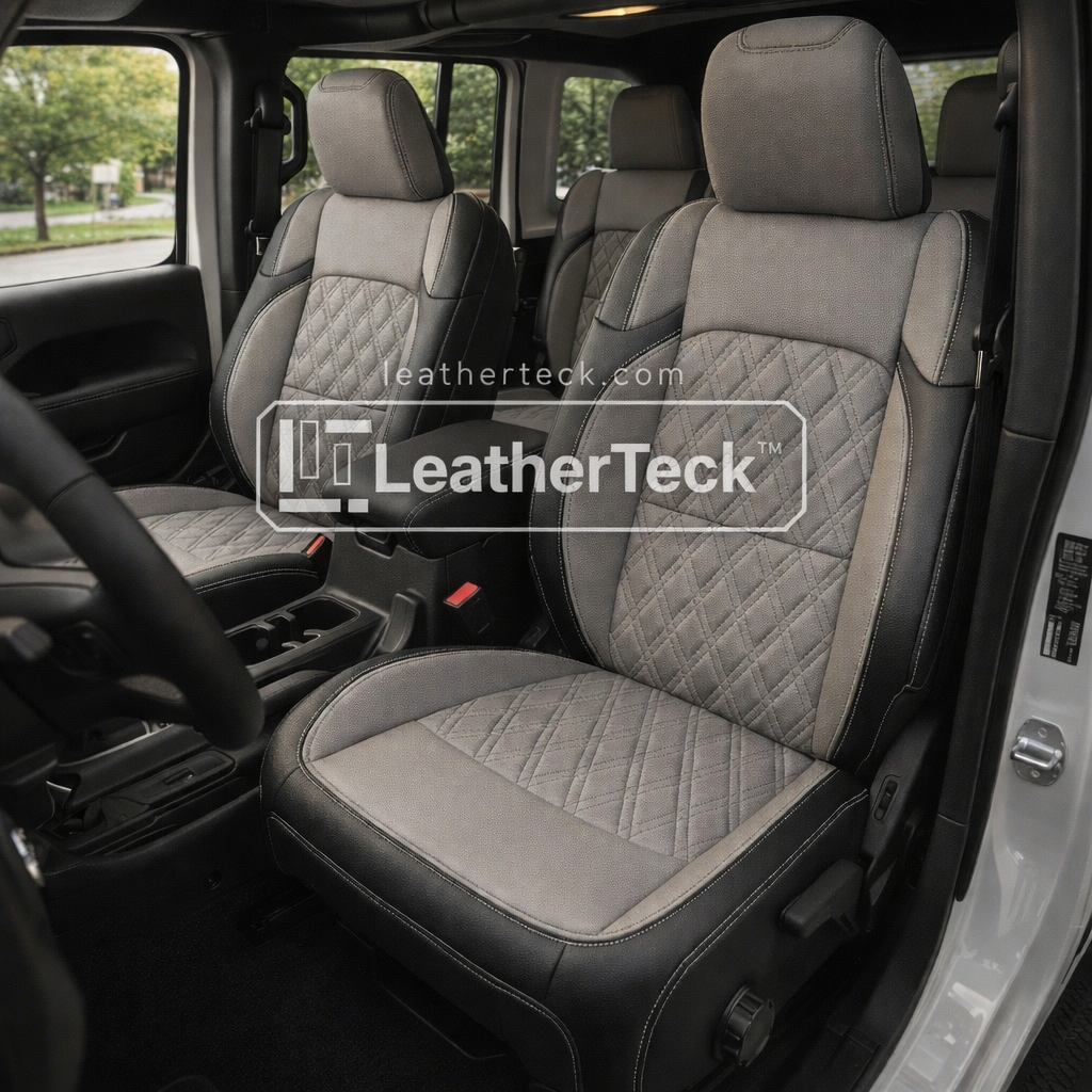 2018-2023 Jeep Wrangler JL Sport/Sahara/Rubicon Katzkin Leather Seat Upholstery Kit – Black with Ash Gray Center Inserts, Ash Gray Accent Panels, Silver Double Diamond Insert Pattern, and Silver Contrast Stitching