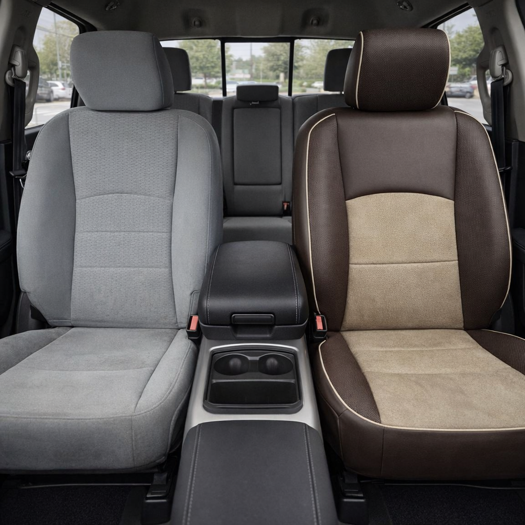 2012-2018 Ram 1500/2500/3500 Katzkin Leather Kit – Coffee Brown & Sandalwood Suede Perforated Combo Inserts, Bone Piping