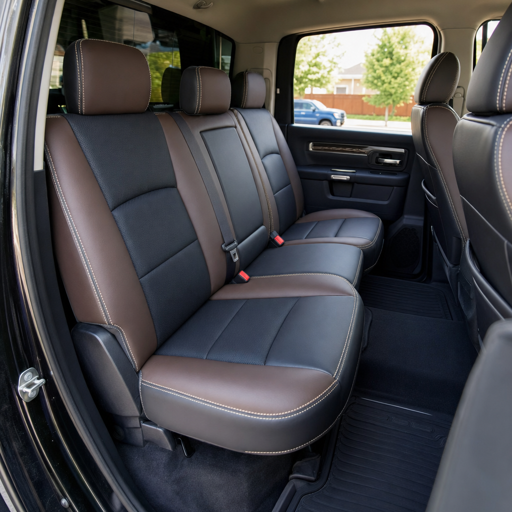 2012-2018 Ram 1500/2500/3500 Katzkin Leather Kit – Black & Coffee Brown Panels, Perforated Combo Inserts & Parchment Stitching