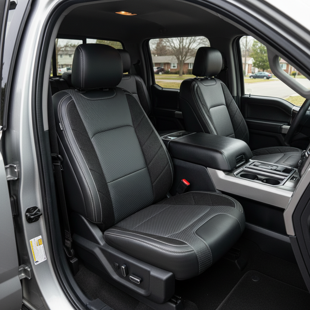 2015-2020 Ford F-150 XLT SuperCrew Katzkin Leather Upholstery Kit – Black & Square Perforated Gray Inserts, Black Suede Panels & Stone Stitching