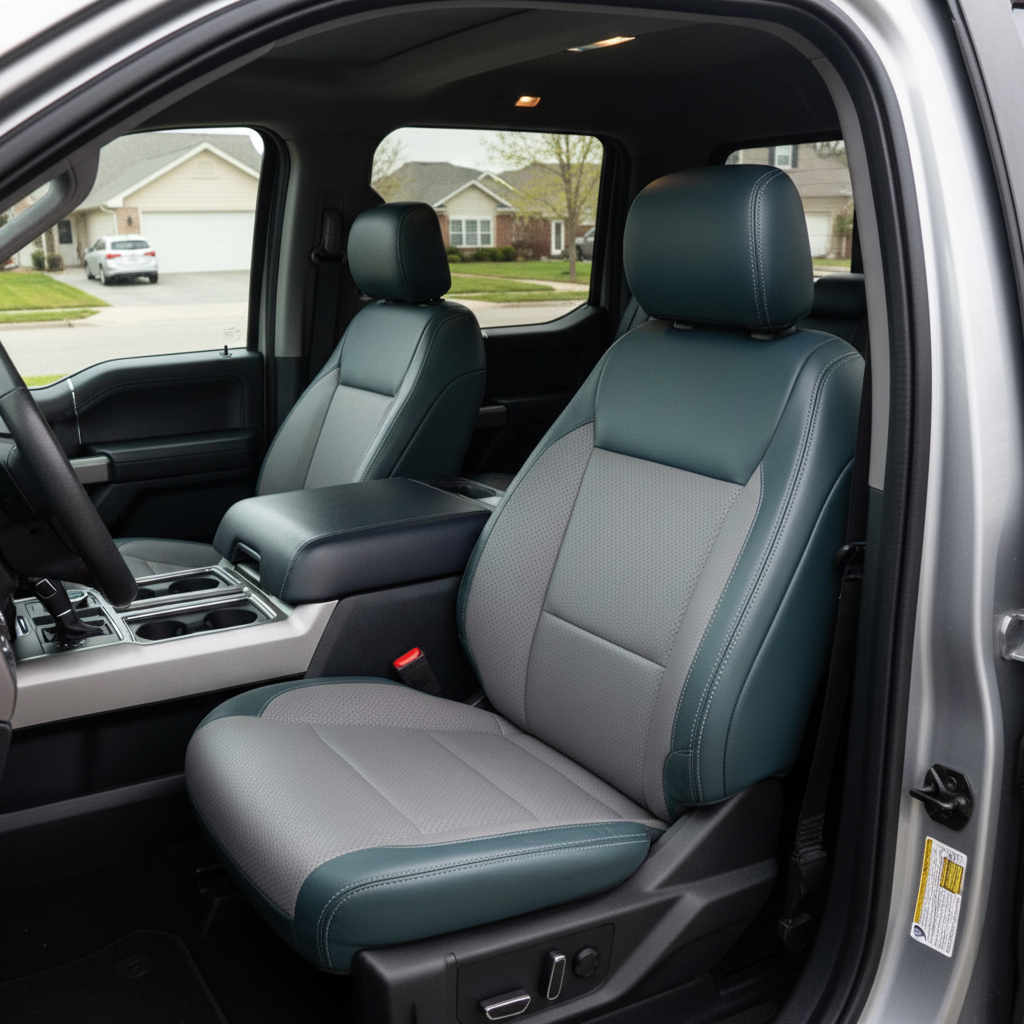 2021-2026 Ford F-250 XLT Katzkin Leather Seat Upholstery Kit – Blue with Lunar Gray Perforated Combo Center Inserts, Lunar Gray Perforated Accent Panels, and Lunar Gray Contrast Stitching
