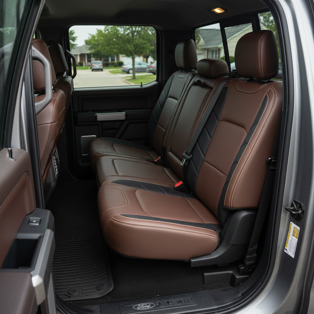 2015-2020 Ford F-150 XLT SuperCrew Katzkin Leather Upholstery Kit – Coffee Brown & Perforated Black Accent Panels, Bamboo Contrast Stitching