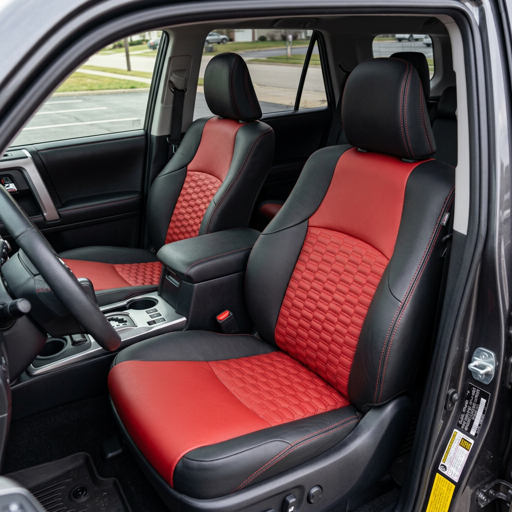 2010-2024 Toyota 4Runner SR5 Katzkin Leather – Black & Red Inserts, Double Hex Quilted Center & Red Stitching