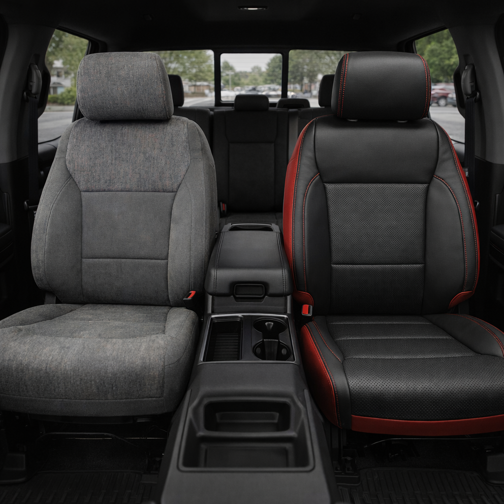 2021-2026 Ford F-250 XLT Katzkin Leather Seat Upholstery Kit – Black with Perforated Seating Inserts and Red Contrast Stitching