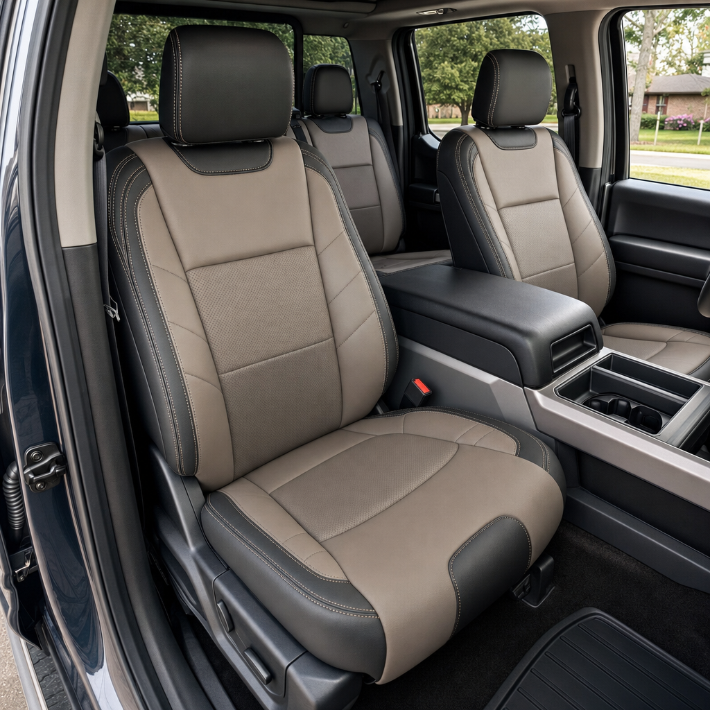 2015-2020 Ford F-150 XLT SuperCrew Katzkin Leather Upholstery Kit – Black & Stone with Perforated Stone Inserts & Stone Stitching
