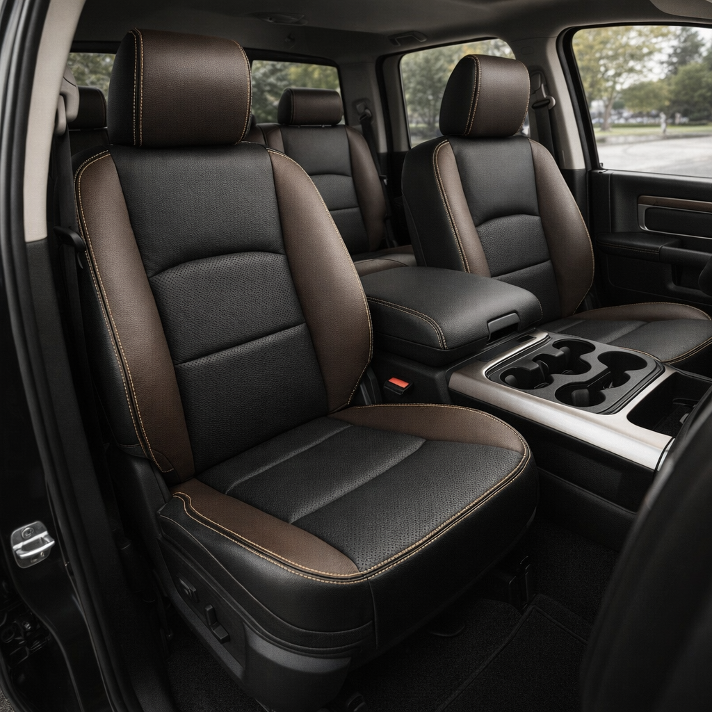 2012-2018 Ram 1500/2500/3500 Katzkin Leather Kit – Black & Coffee Brown Panels, Perforated Combo Inserts & Parchment Stitching