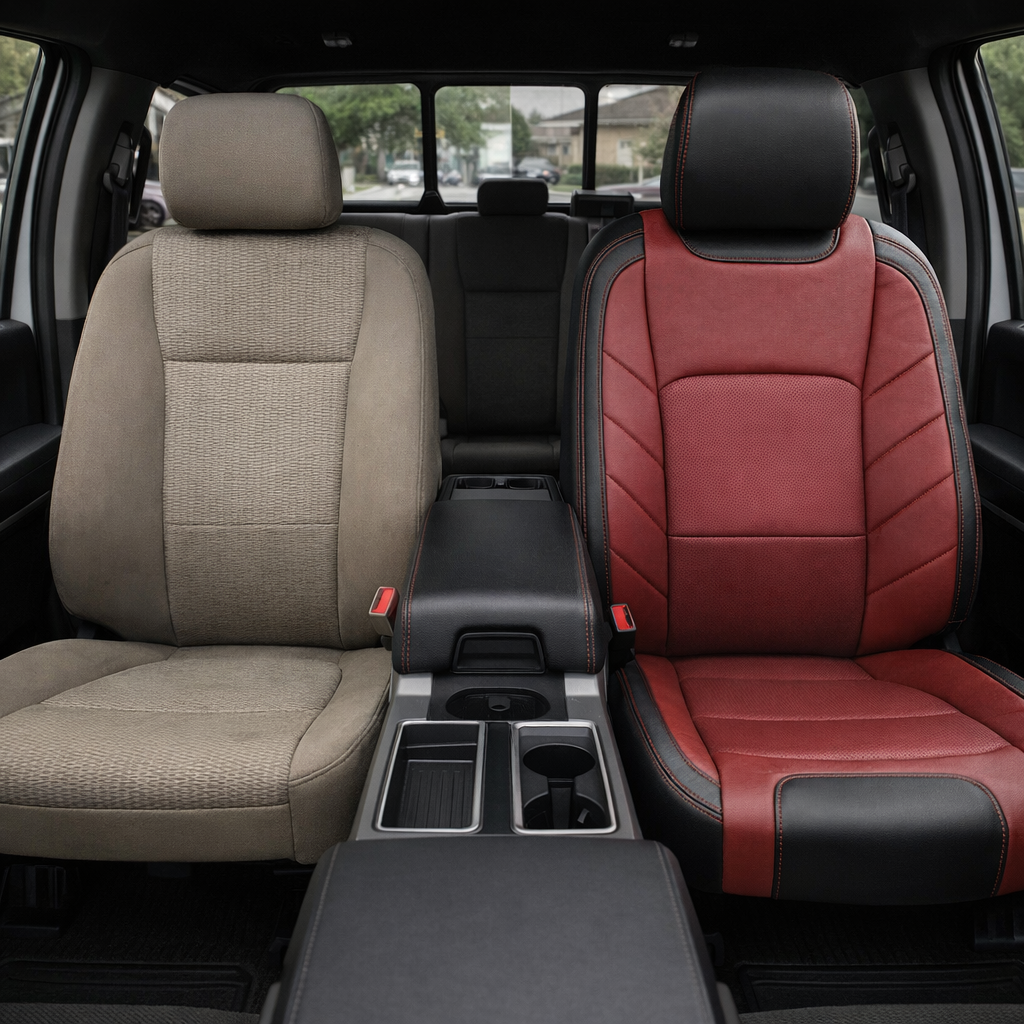 2015-2017 Ford F-150 XLT SuperCrew Katzkin Leather Upholstery Kit – Black & Medium Red with Perforated Red Inserts & Red Stitching