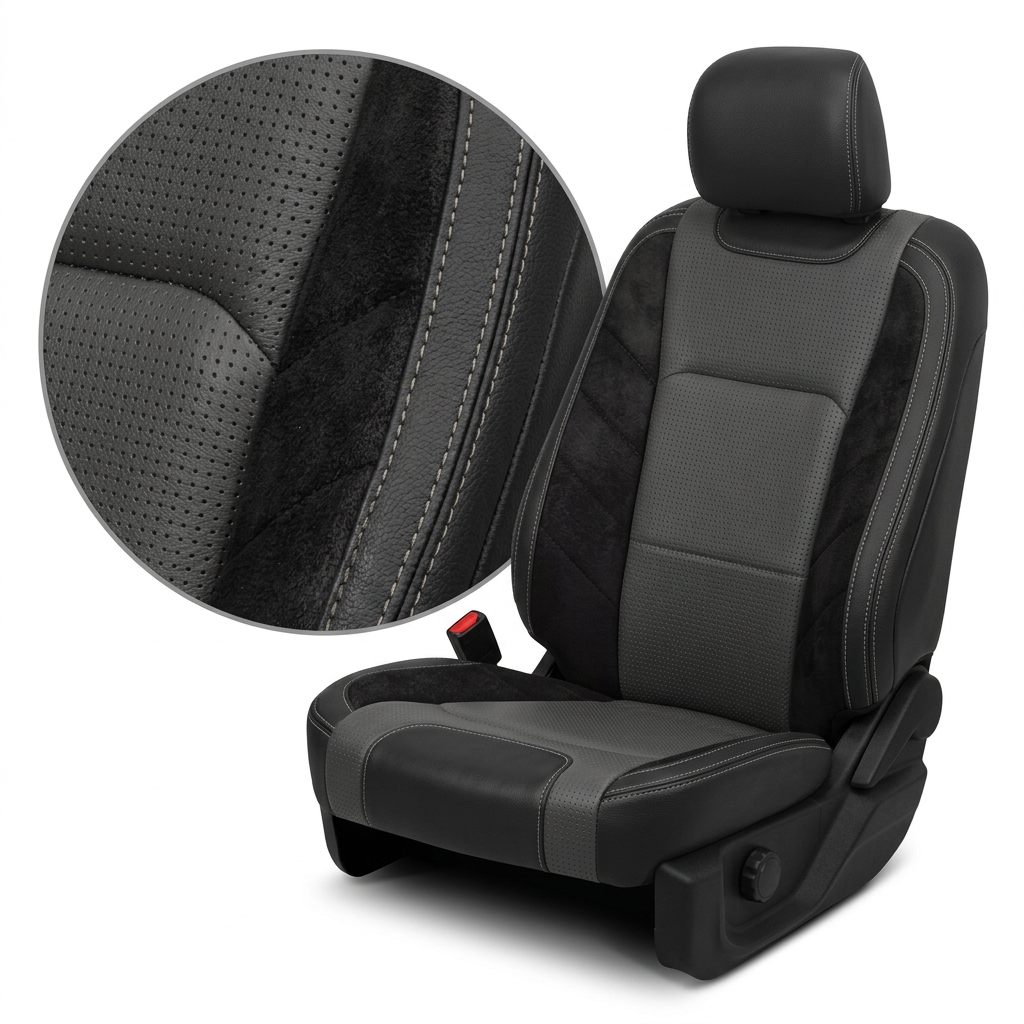 2015-2017 Ford F-150 XLT SuperCrew Katzkin Leather Upholstery Kit – Black & Square Perforated Gray Inserts, Black Suede Panels & Stone Stitching