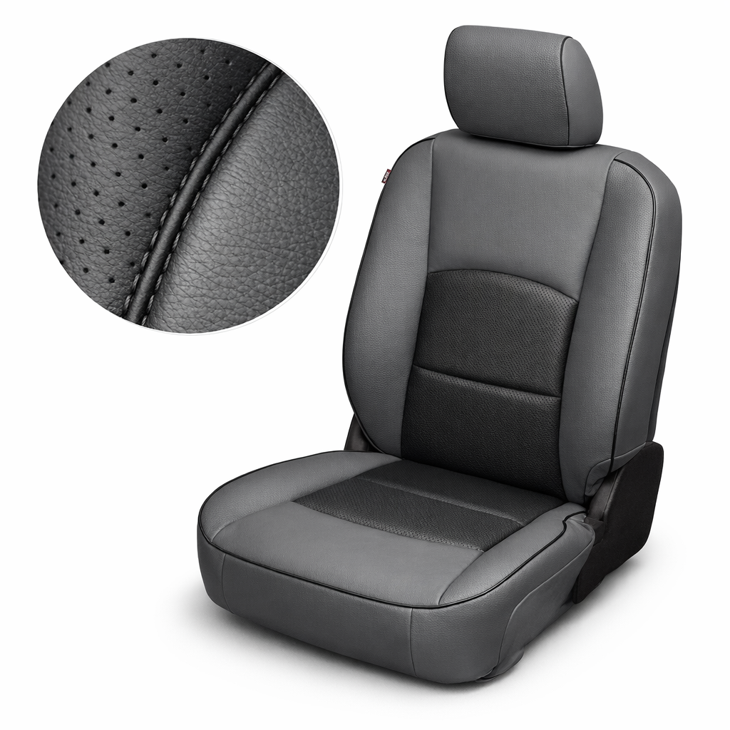 2012-2018 Ram 1500/2500/3500 Katzkin Leather Kit – Lapis Grey & Black Accent Inserts, Perforated Black Panels & Black Edge Piping