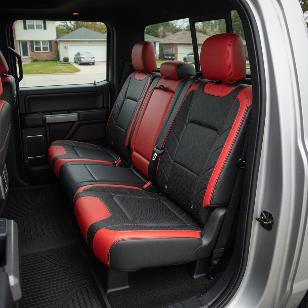 2015-2020 Ford F-150 XLT SuperCrew Katzkin Leather Upholstery Kit – Salsa Red & Square Perforated Red Inserts, Panels & Black Stitching