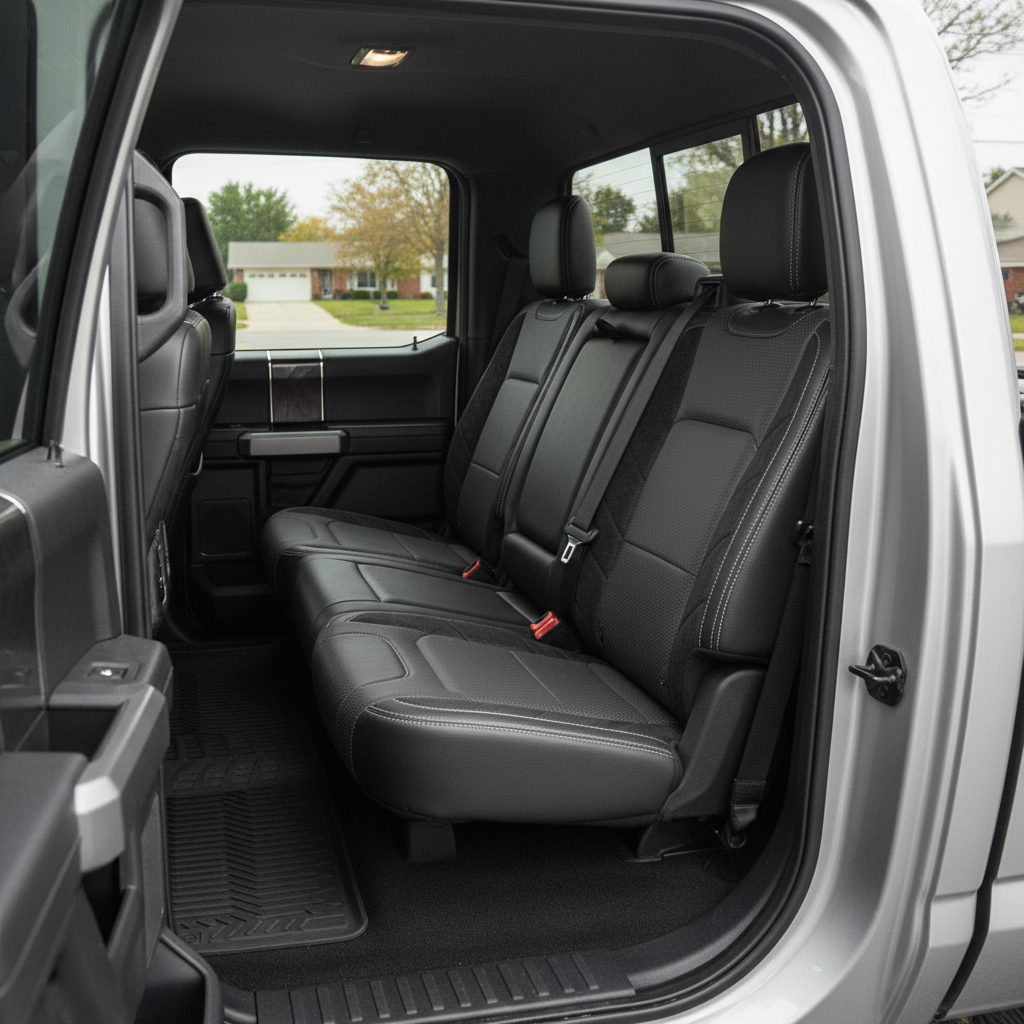 2015-2020 Ford F-150 XLT SuperCrew Katzkin Leather Upholstery Kit – Black & Square Perforated Gray Inserts, Black Suede Panels & Stone Stitching